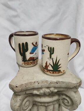 Pair Of Made In Mexico Sombrero Man Cactus Scene Coffee Tea Mugs Pottery